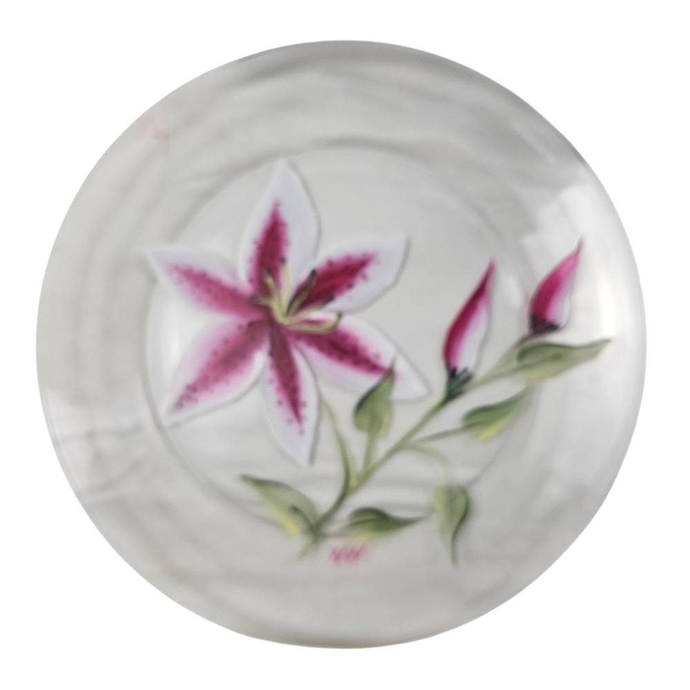 KIG Indonesia Hand Painted Pink Stargazer Lily Clear Glass Decorative Plate 9.5"